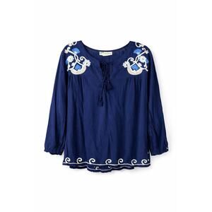 Magazine Navy Embroidered Floral Tie Long Sleeve Blouse Women's Size M